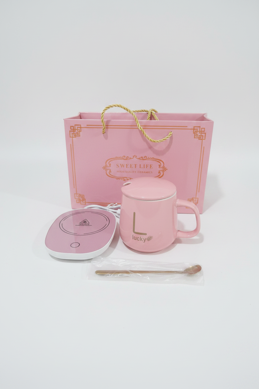 Lucky Pink Ceramic Mug Gift Set with Electric Warmer & Spoon