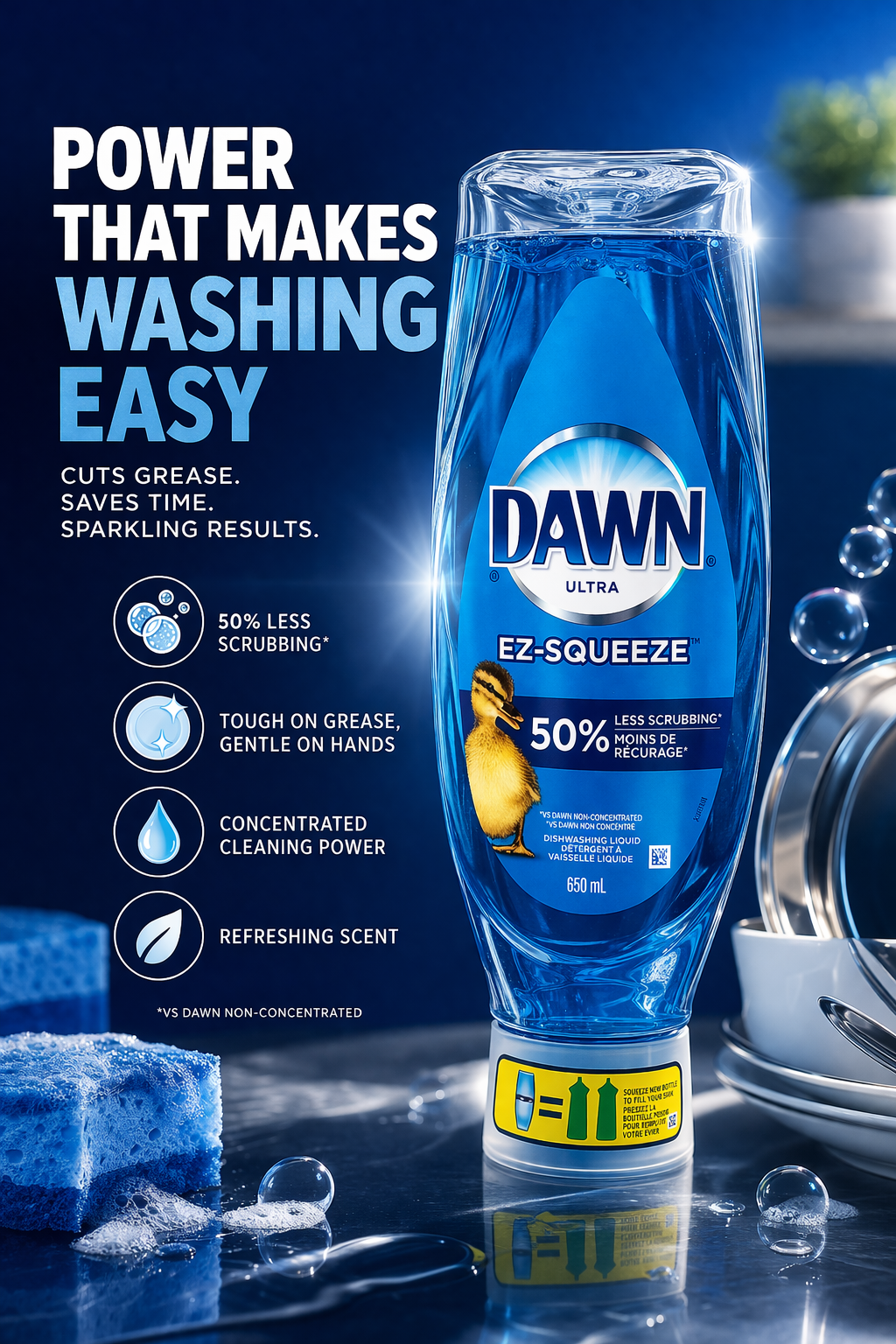 Dawn Ultra EZ-Squeeze Dishwashing Liquid delivers powerful grease-cutting