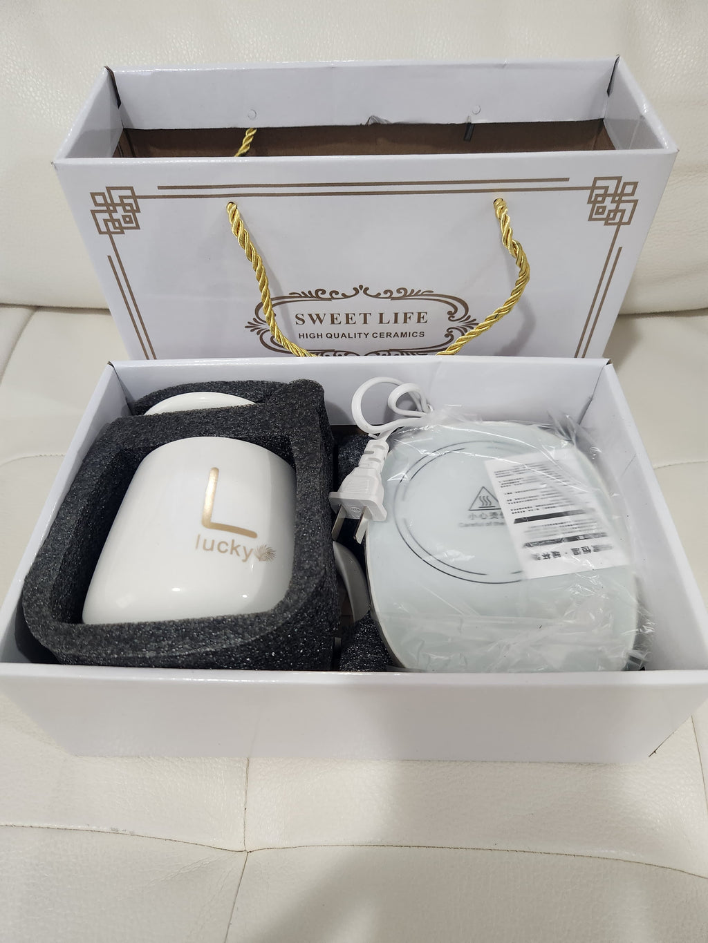 Lucky Pink Ceramic Mug Gift Set with Electric Warmer & Spoon"