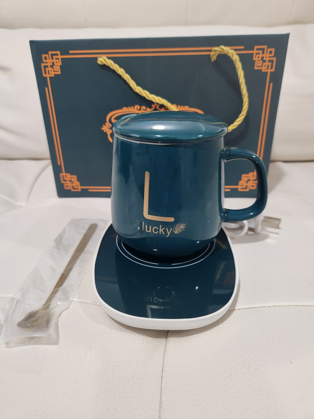 Lucky Pink Ceramic Mug Gift Set with Electric Warmer & Spoon"
