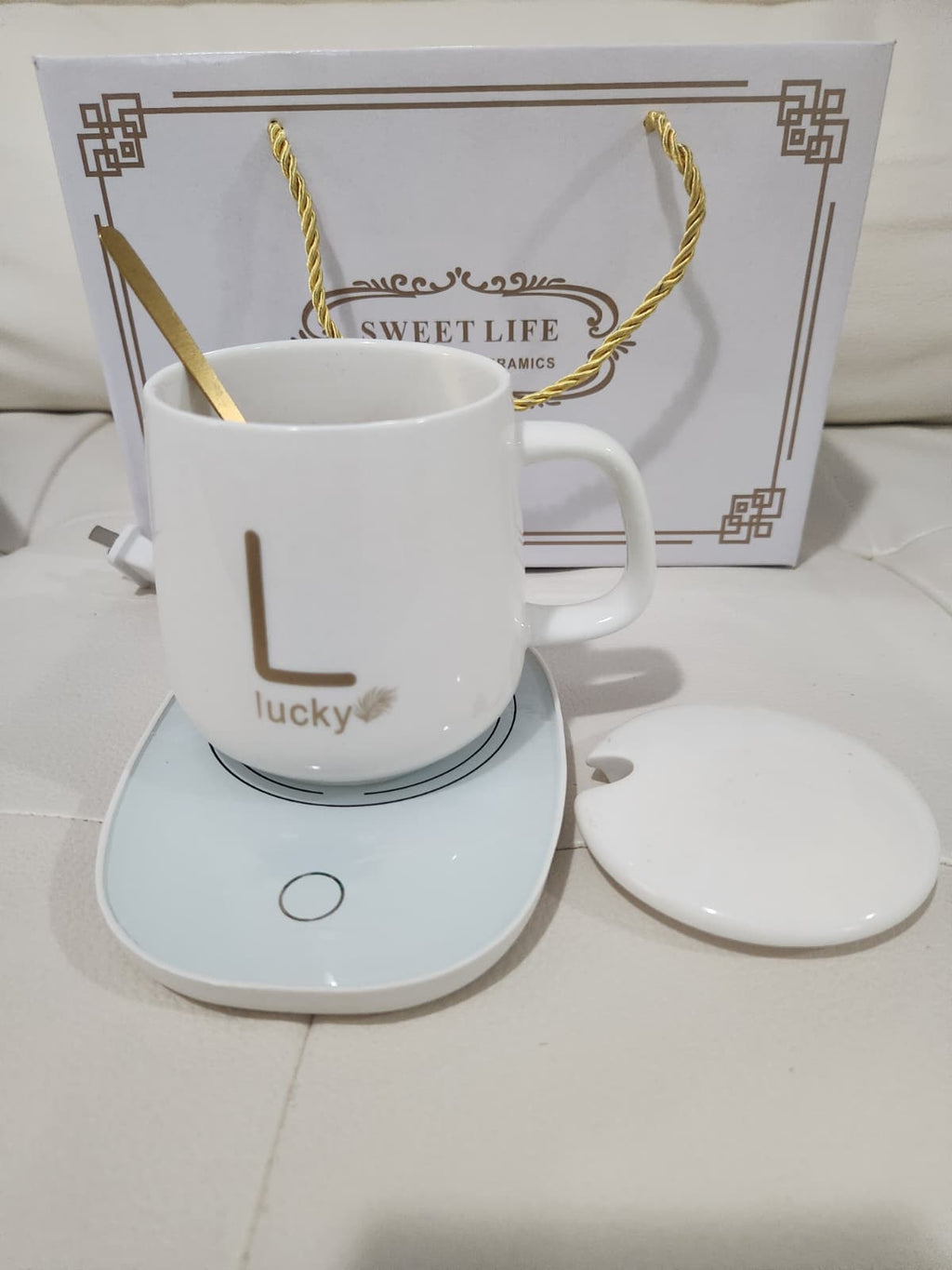 Lucky Pink Ceramic Mug Gift Set with Electric Warmer & Spoon"