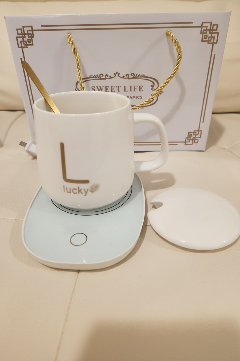Lucky Pink Ceramic Mug Gift Set with Electric Warmer & Spoon"
