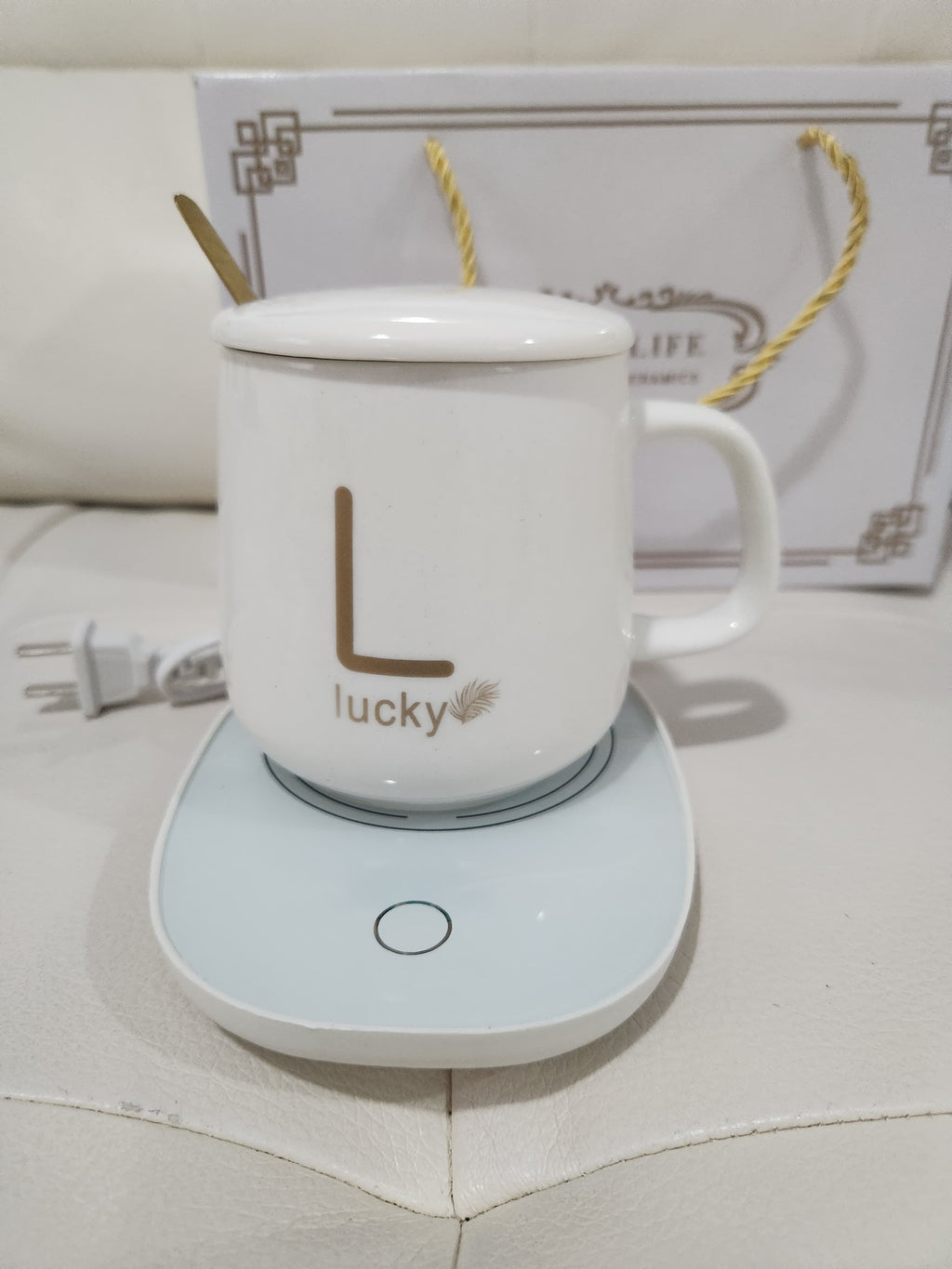 Lucky Pink Ceramic Mug Gift Set with Electric Warmer & Spoon"