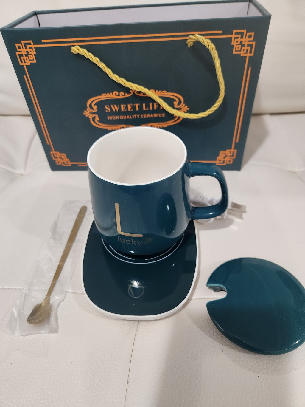 Lucky Pink Ceramic Mug Gift Set with Electric Warmer & Spoon"