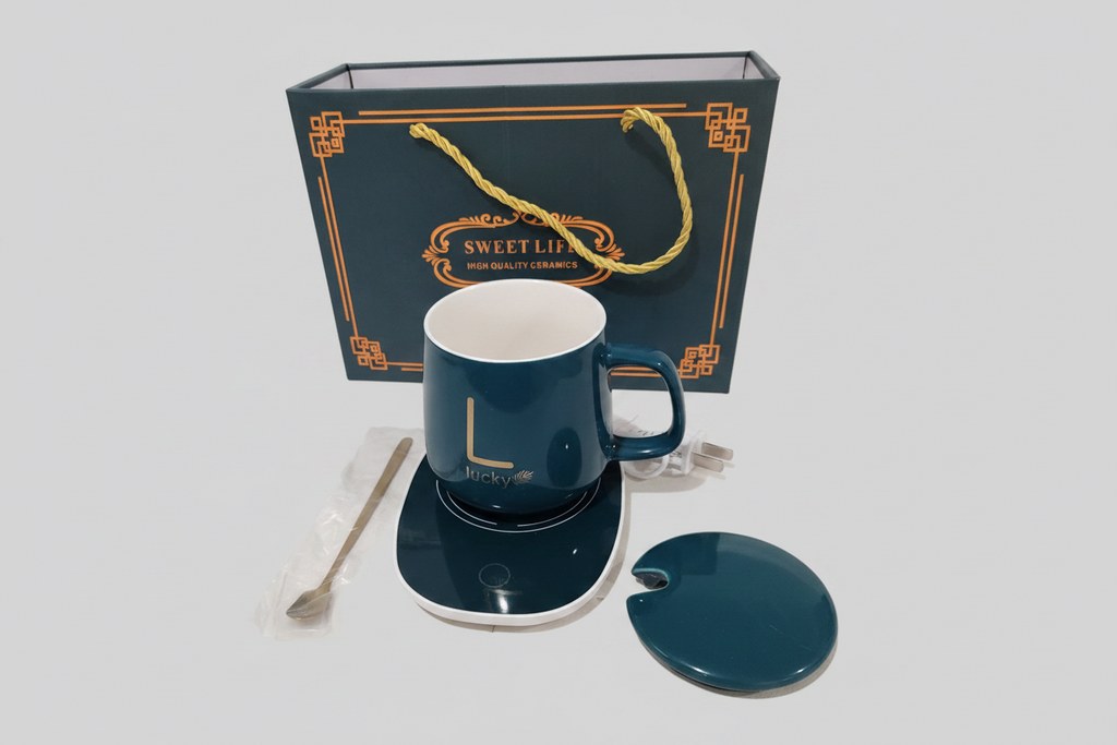 Lucky Pink Ceramic Mug Gift Set with Electric Warmer & Spoon"