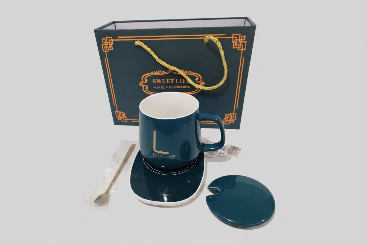 Lucky Pink Ceramic Mug Gift Set with Electric Warmer & Spoon"